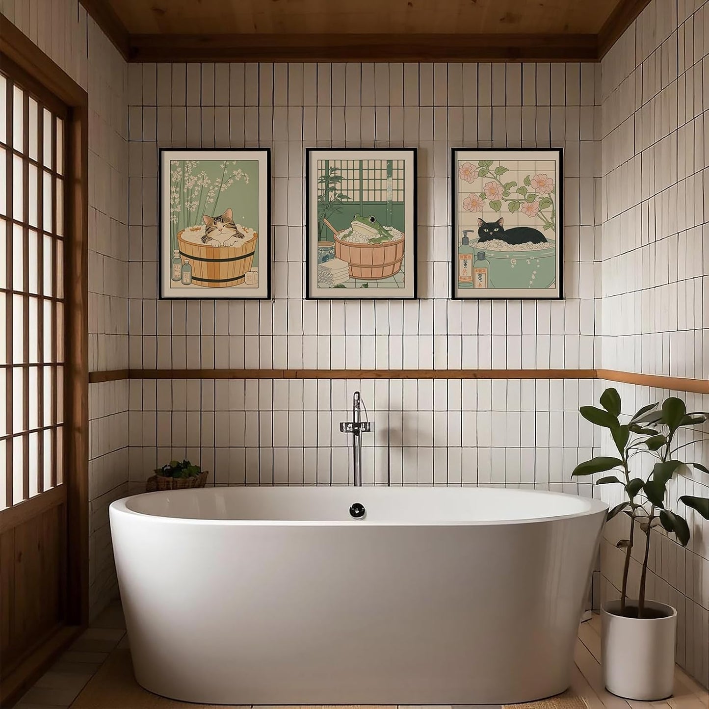 Japanese Wall Art Set of 3 Cute Frog Wall Decor Black Cat Canvas Wall Art for Living Room Cute Anime Posters Frog Funny Bathroom Decor Wabi Sabi Cat Painting 16X24 Inch Unframed