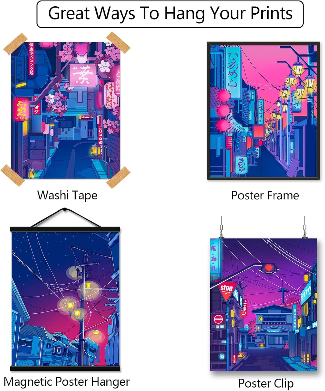 Anime Posters Japanese Wall Art Set of 4 - Anime Art Tokyo Streets in the Night Sky Wall Decor Poster for Living Room Bedroom Kitchen UNFRAMED 8X10 Inch