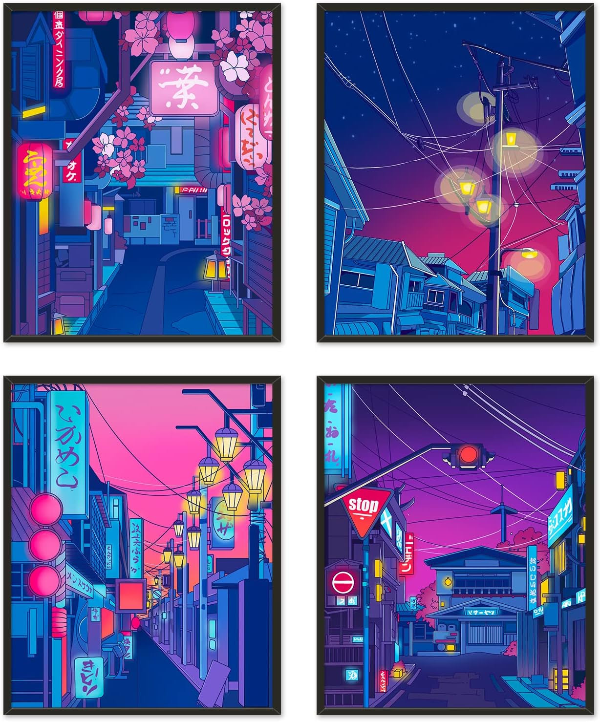Anime Posters Japanese Wall Art Set of 4 - Anime Art Tokyo Streets in the Night Sky Wall Decor Poster for Living Room Bedroom Kitchen UNFRAMED 8X10 Inch