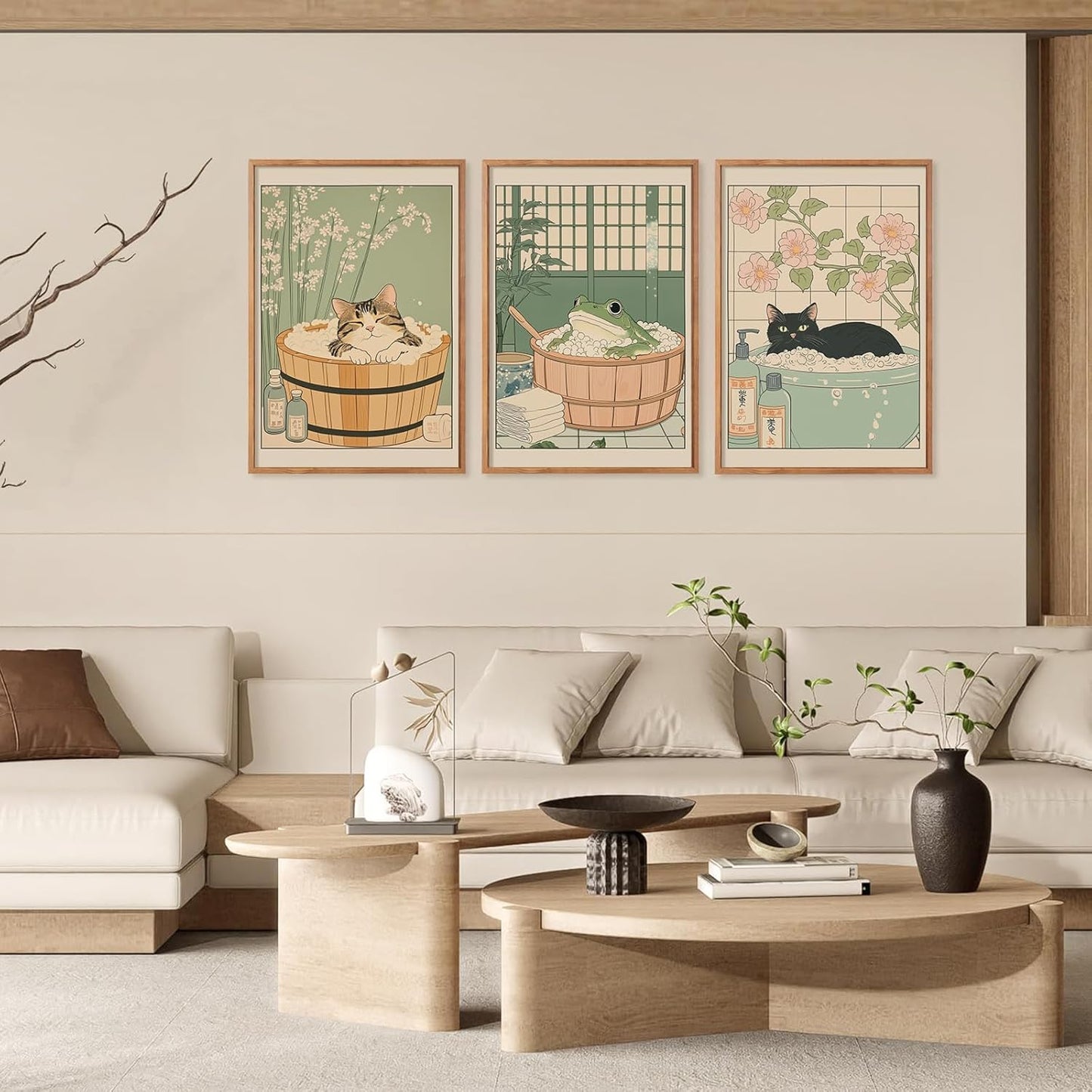 Japanese Wall Art Set of 3 Cute Frog Wall Decor Black Cat Canvas Wall Art for Living Room Cute Anime Posters Frog Funny Bathroom Decor Wabi Sabi Cat Painting 16X24 Inch Unframed