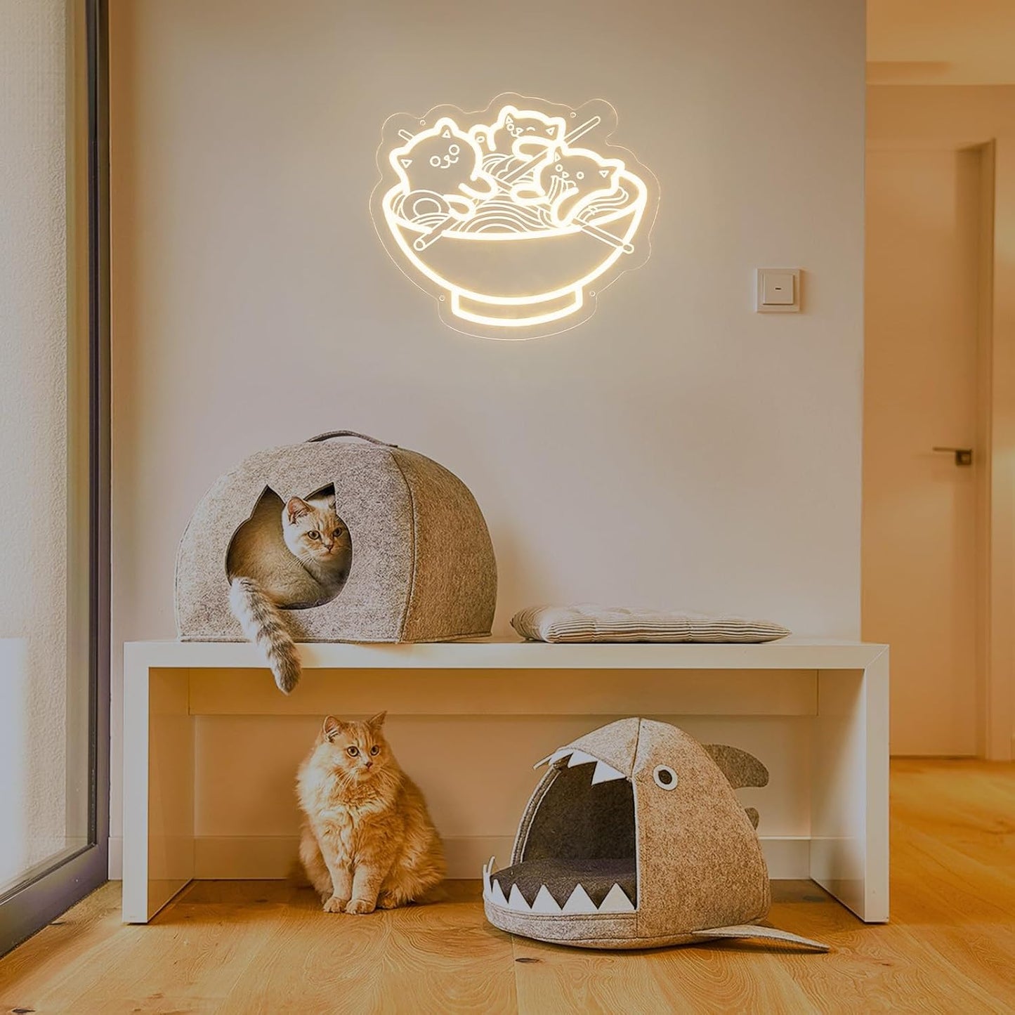 Ramen Cat Neon Sign, Warm White Cat Noodles Led Sign for Baby Girls Room, Dimmable Noodle Cat Light up Neon Signs for Wall Decor Resturant Home Bar Kitchen Dinning Bedroom Art Decor Christmas Gifts