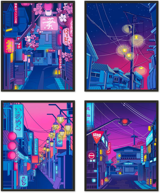 Anime Posters Japanese Wall Art Set of 4 - Anime Art Tokyo Streets in the Night Sky Wall Decor Poster for Living Room Bedroom Kitchen UNFRAMED 8X10 Inch