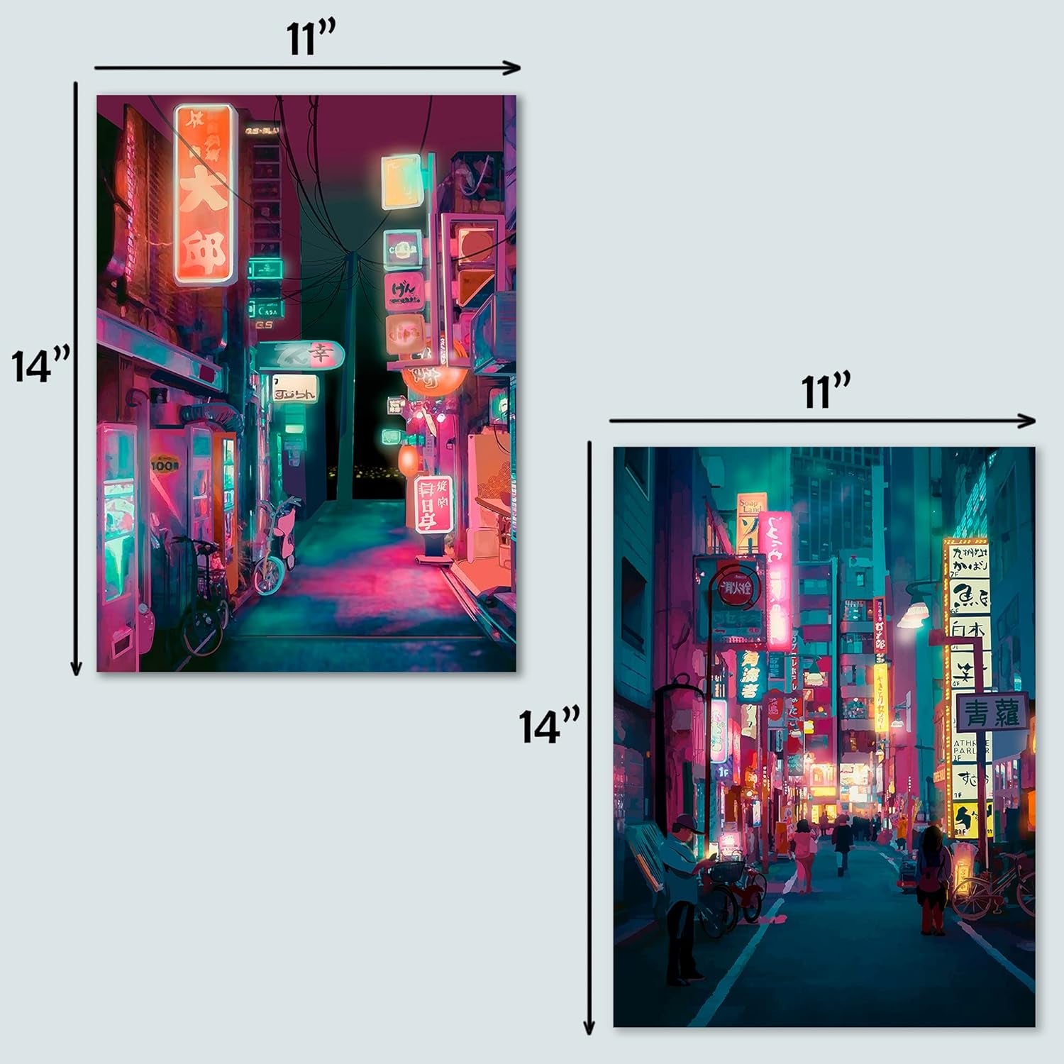 Japan Art Poster Set of 2 - Japanese Print Artwork on Canvas Roll - Tokyo Anime Wall Art Picture Gift - Preppy Night City Wall Decor Poster for Room Aesthetic Bedroom Kitchen Living UNFRAMED 11X14