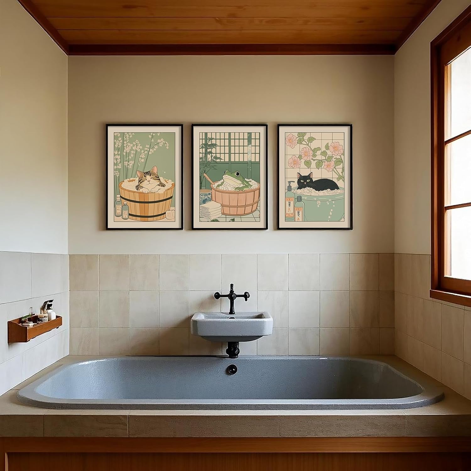 Japanese Wall Art Set of 3 Cute Frog Wall Decor Black Cat Canvas Wall Art for Living Room Cute Anime Posters Frog Funny Bathroom Decor Wabi Sabi Cat Painting 16X24 Inch Unframed