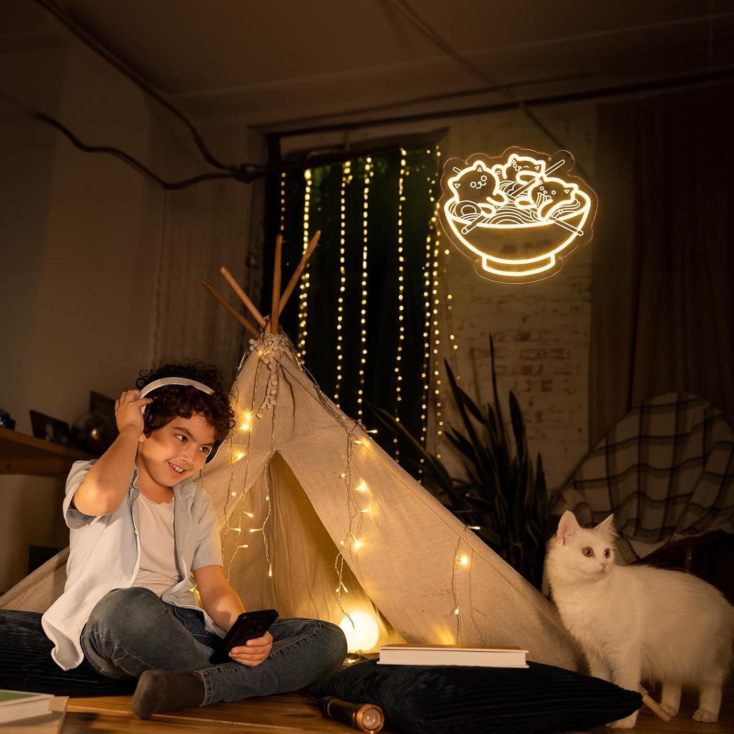 Ramen Cat Neon Sign, Warm White Cat Noodles Led Sign for Baby Girls Room, Dimmable Noodle Cat Light up Neon Signs for Wall Decor Resturant Home Bar Kitchen Dinning Bedroom Art Decor Christmas Gifts