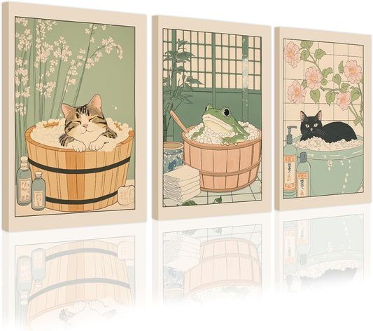 Japanese Wall Art Set of 3 Cute Frog Wall Decor Black Cat Canvas Wall Art for Living Room Cute Anime Posters Frog Funny Bathroom Decor Wabi Sabi Cat Painting 16X24 Inch Unframed