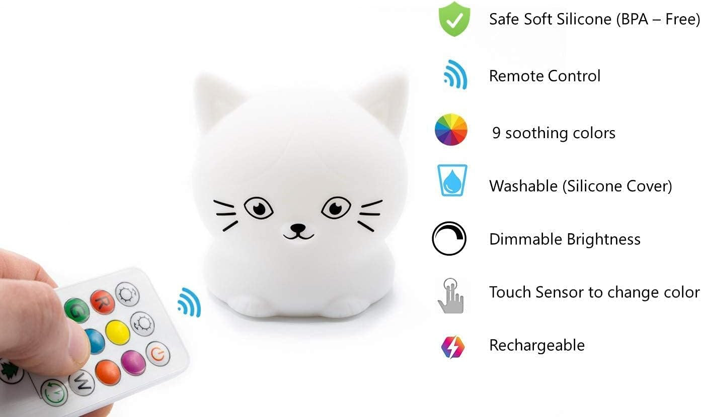 Cute Kitty Nursery Night Light - 9 Colors, Kawaii Cat Lamp, Portable, Remote & Touch Control, Breathing Mode - LED Multi-Color Gifts for Baby, Children